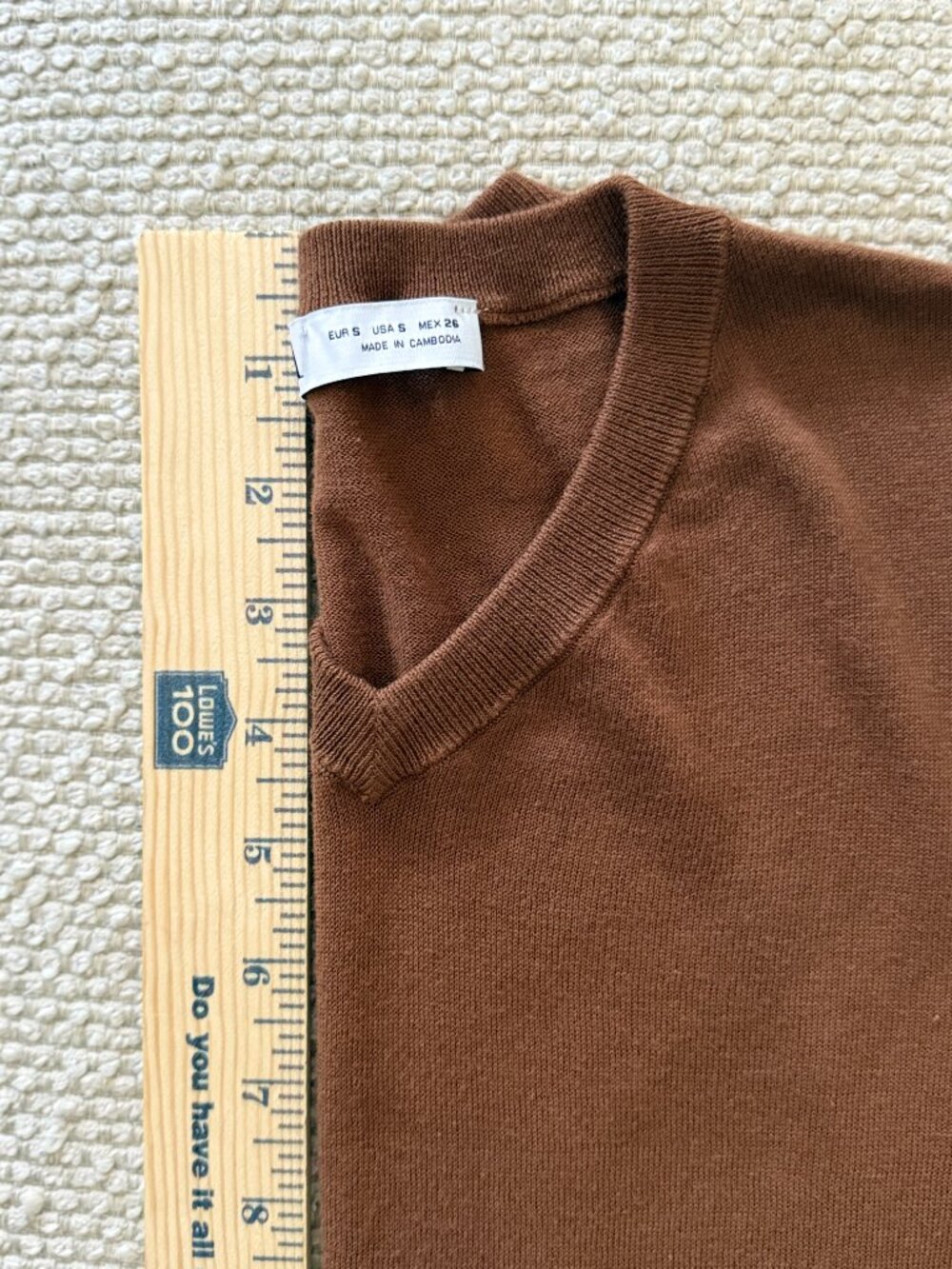ZARA FINE-KNIT COTTON V-NECK SWEATER - COGNAC BROWN - SIZE S - Picture 6 of 9